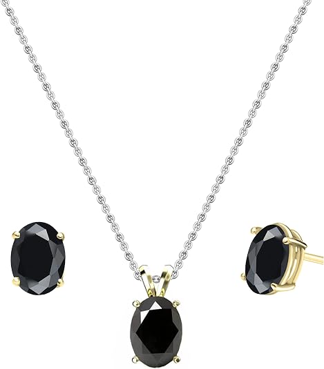 Black Sapphire Pendant & Stud Earrings Set in 10K Yellow Gold