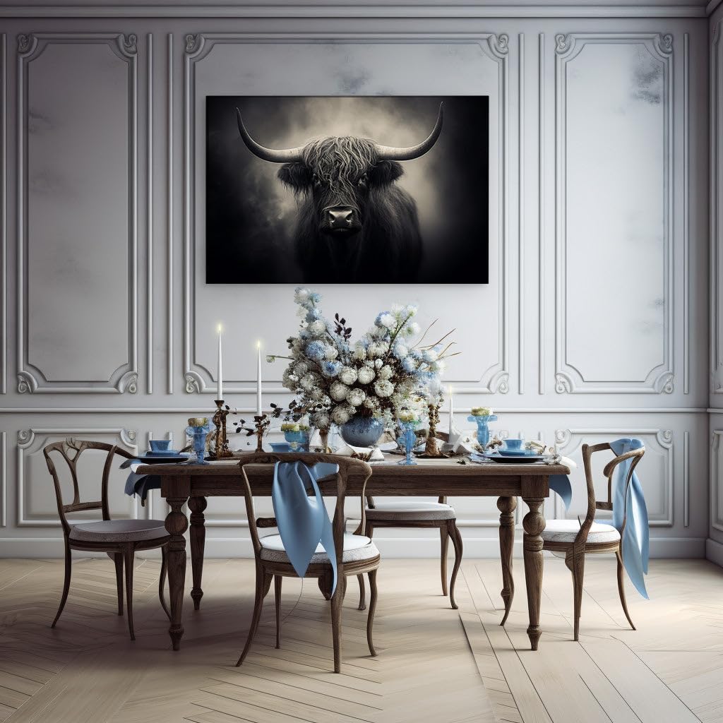 Canvas for Living room. Mysterious Highland Guardian Emerging from Misty Veils, 27 x 18 inch Canvas Wall Art - Surrealistic Visions - Modern Home Decor