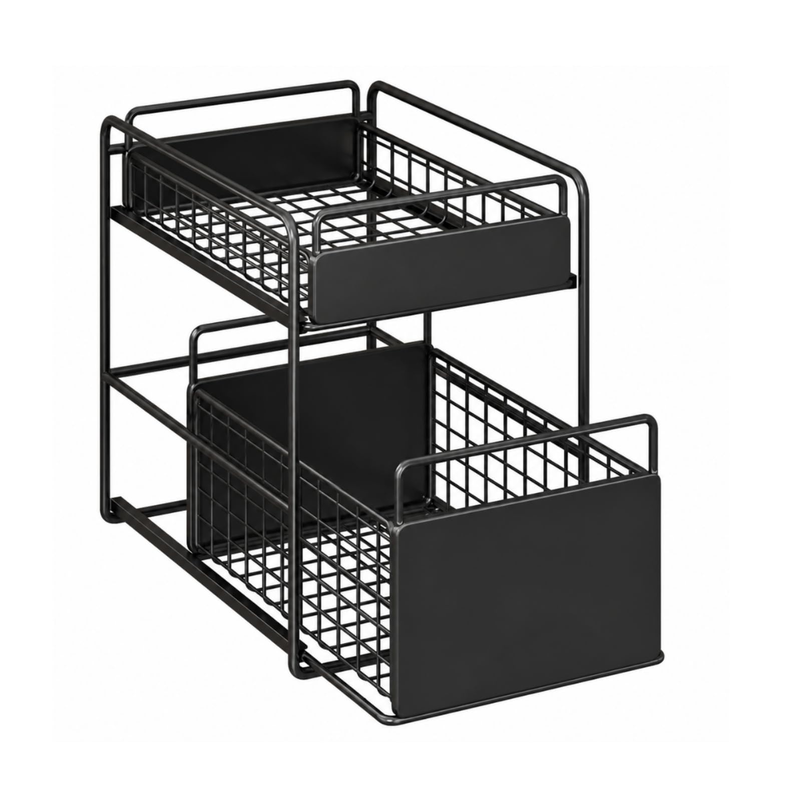 Étagère Coulissante à ux Niveaux en Fer pour Rangement Sous Évier Paniers Extractibles Parois Protection Adaptée à la Salle Bains à la Cuisine, Noir