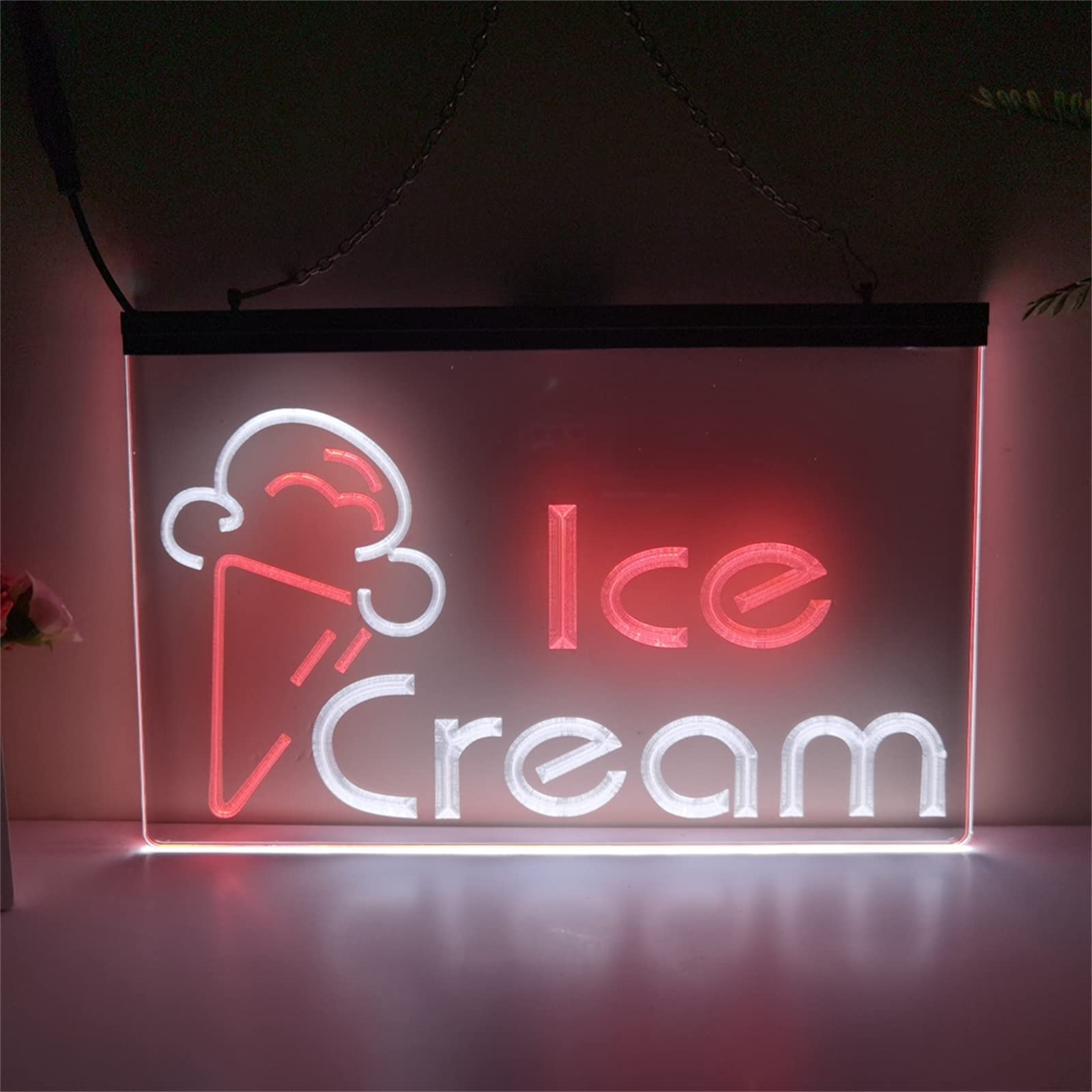 REWIS Ice Cream LED Neon Signs, USB Powerd 3-Level Dimming Neon Lights, for Ice Cream Shop Hanging Signboard,White Red,30x20cm