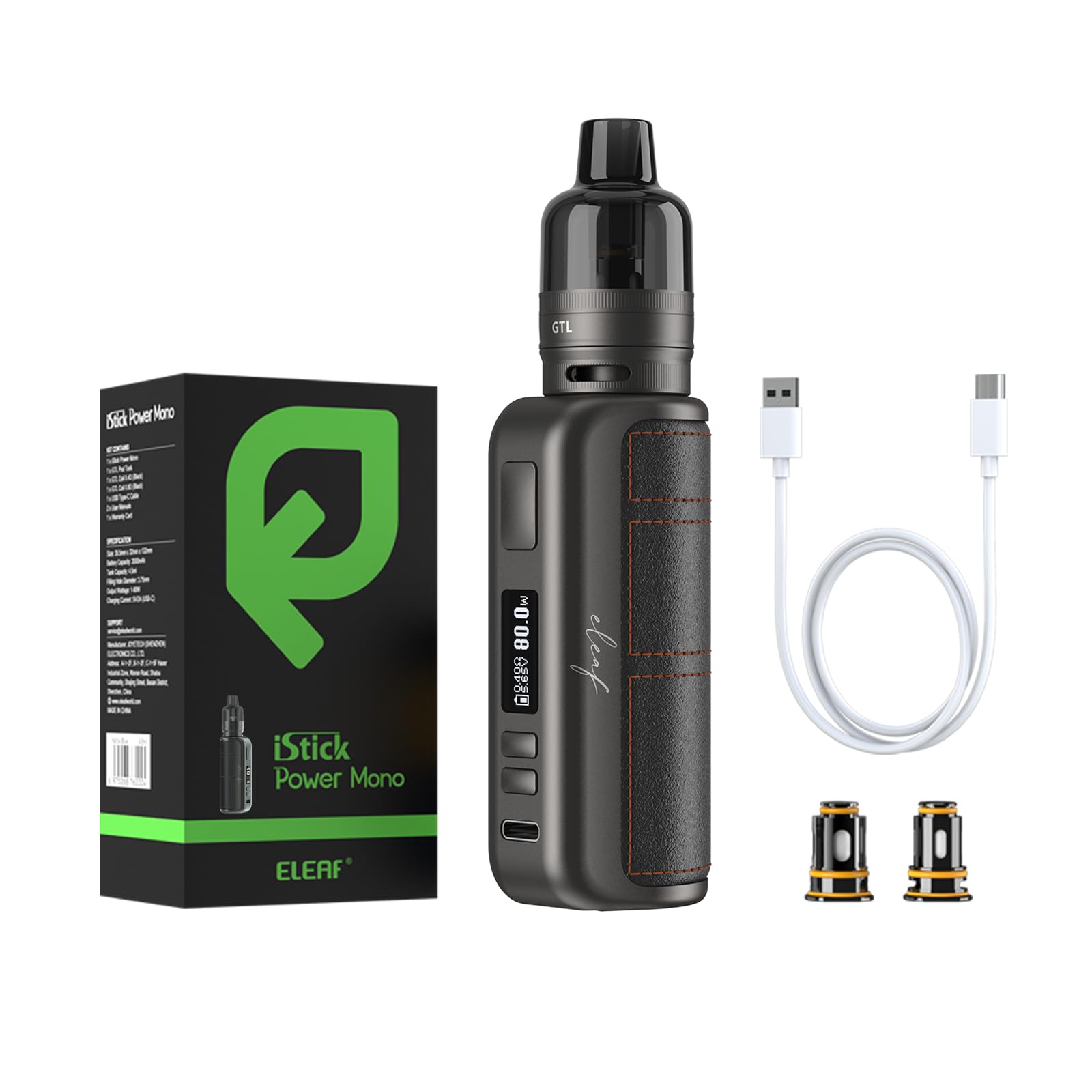 Eleaf iStick Power Mono Sigaretta Elettronica 80W per Svapo di Guancia e RDL - Kit Batteria Integrata 3500mAh, Pod Tank 4,5ml, Coil 0.4Ω e 0.8Ω - (Senza Sticks, E-liquids o Ricariche) (Black)