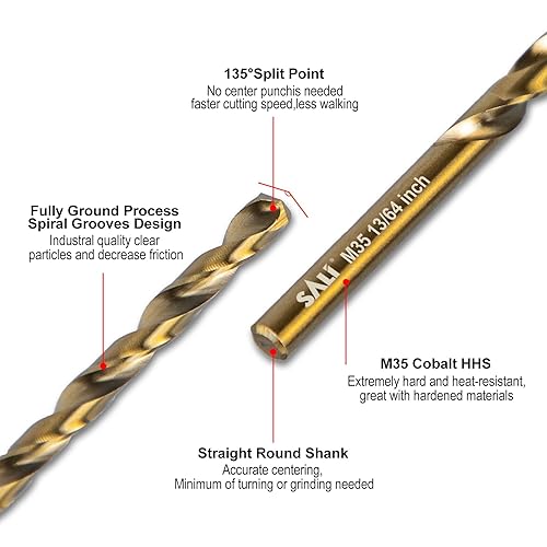 Miniatura 3 de SALI Juego de brocas de cobalto, 10 piezas de 1364 pulgadas M35 de alta velocidad de acero de alta velocidad para metal endurecido, acero