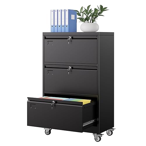 METAN Upgrade 3 Drawers Lateral File Cabinet on Wheels,Steel Office