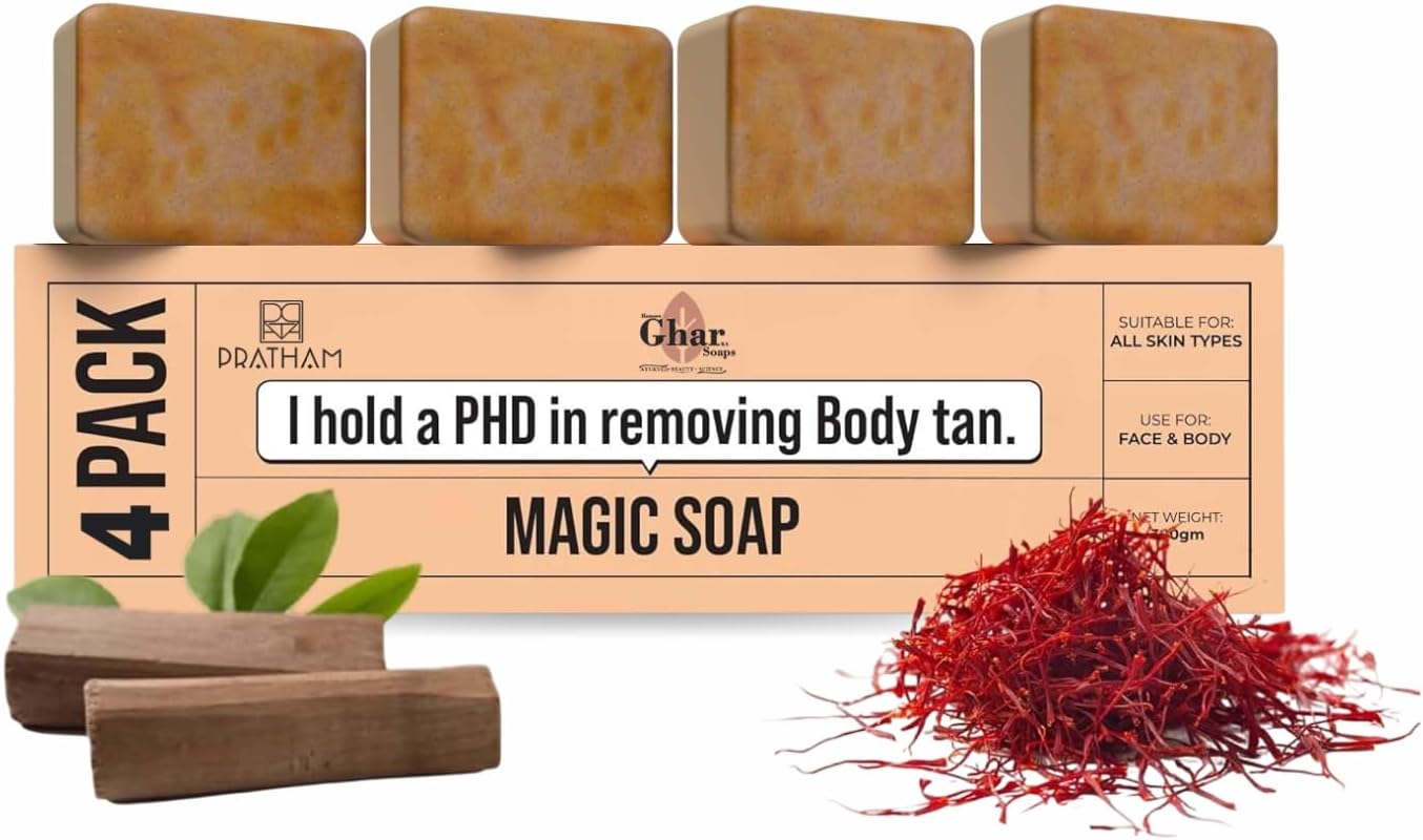 Hamare Ghar Ka Soaps Sandalwood & Saffron Magic Soaps For Bath (100 Gms Pack Of 4) | Paraben Free | Chandan & Kesar Bath Soap | Handmade Soap For Glowing | Skin Brightening For Men & Women