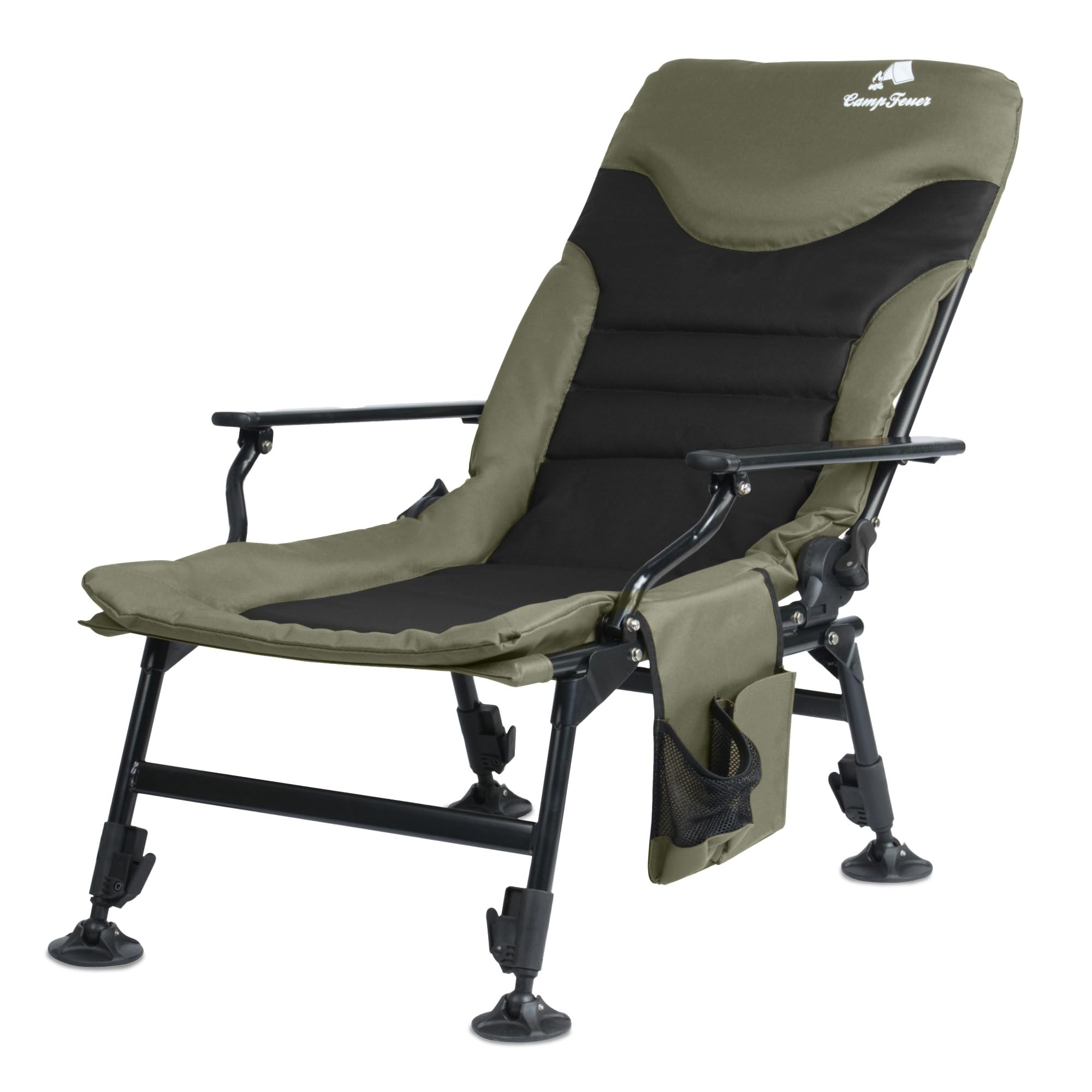 CampFeuer Angelstuhl Moosgrün/Schwarz | Höhenverstellbarer Campingstuhl | Faltbarer Karpfenstuhl | Outdoor Travelchair für Camping, Zelten, Angeln | Fischerstuhl klappbar, Carp Chair, Angelliege