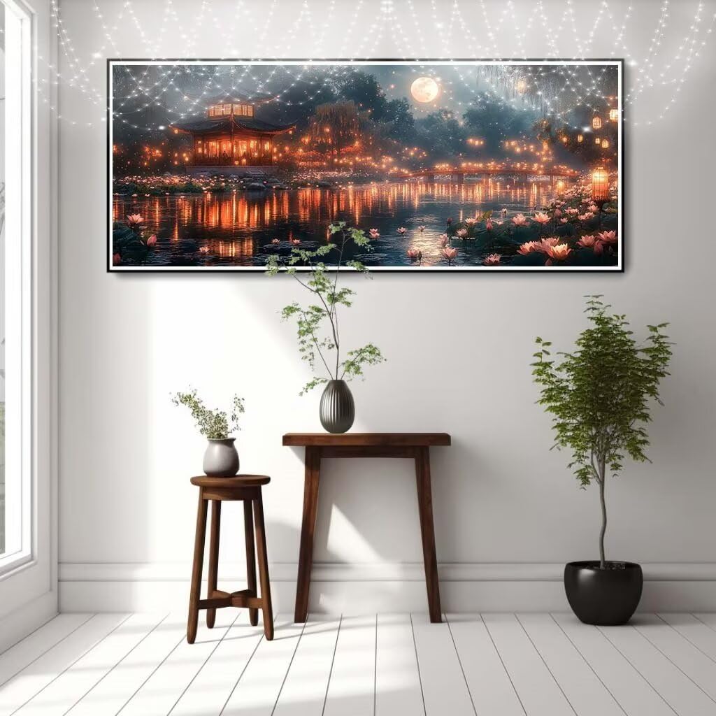 Obraz diamentowy 5D, dla dorosłych, księżyc, kwiat lotosu, obraz "zrób to sam", obraz dla dzieci, 80 x 200 cm, zestaw do malowania diamentami, dekoracja ścienna 8E-7288