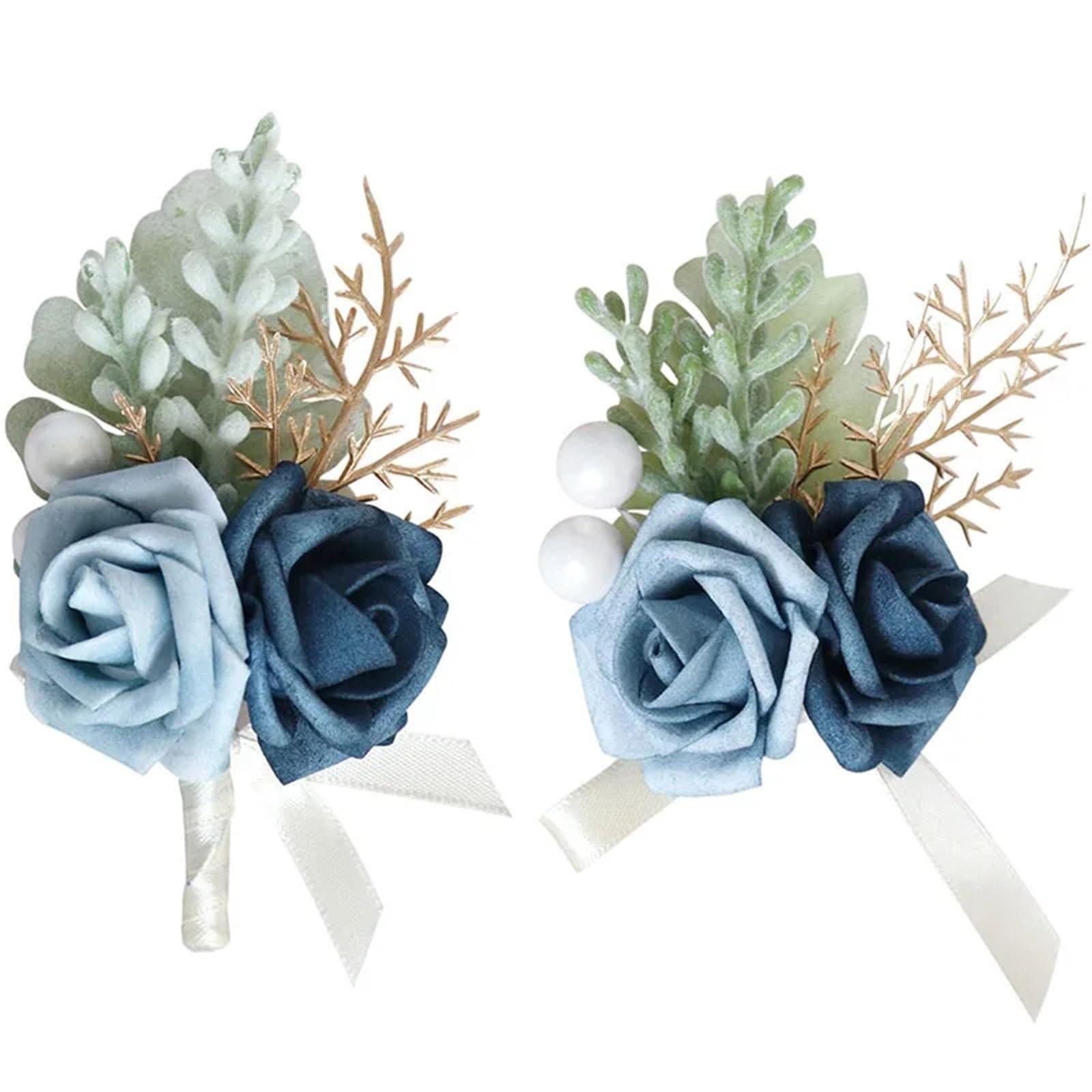 Ansteckblume Luxuriöse blaue Rose Hochzeit Handgelenk Corsage Boutonniere Set schickes Accessoire for die Braut-Bräutigam-Party(6PCS Boutonniere)