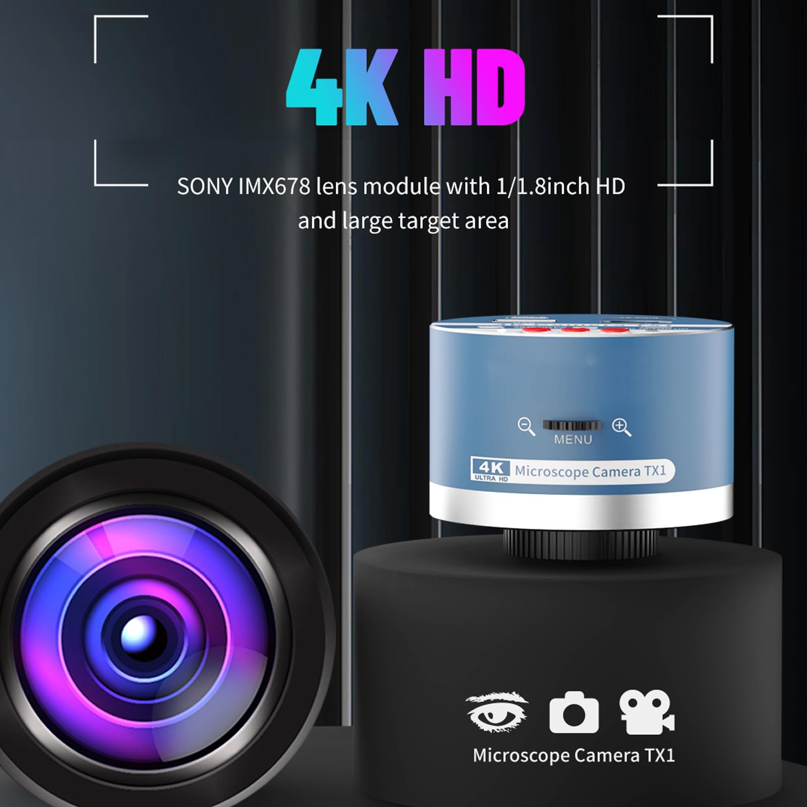 Cámara Microscópica 4K con Sensor IMX678 y Lente de 1/1,8 Pulgadas para Laboratorio Microscopio Digital Cámara de Vídeo y Fotografía con Salida Dual UE