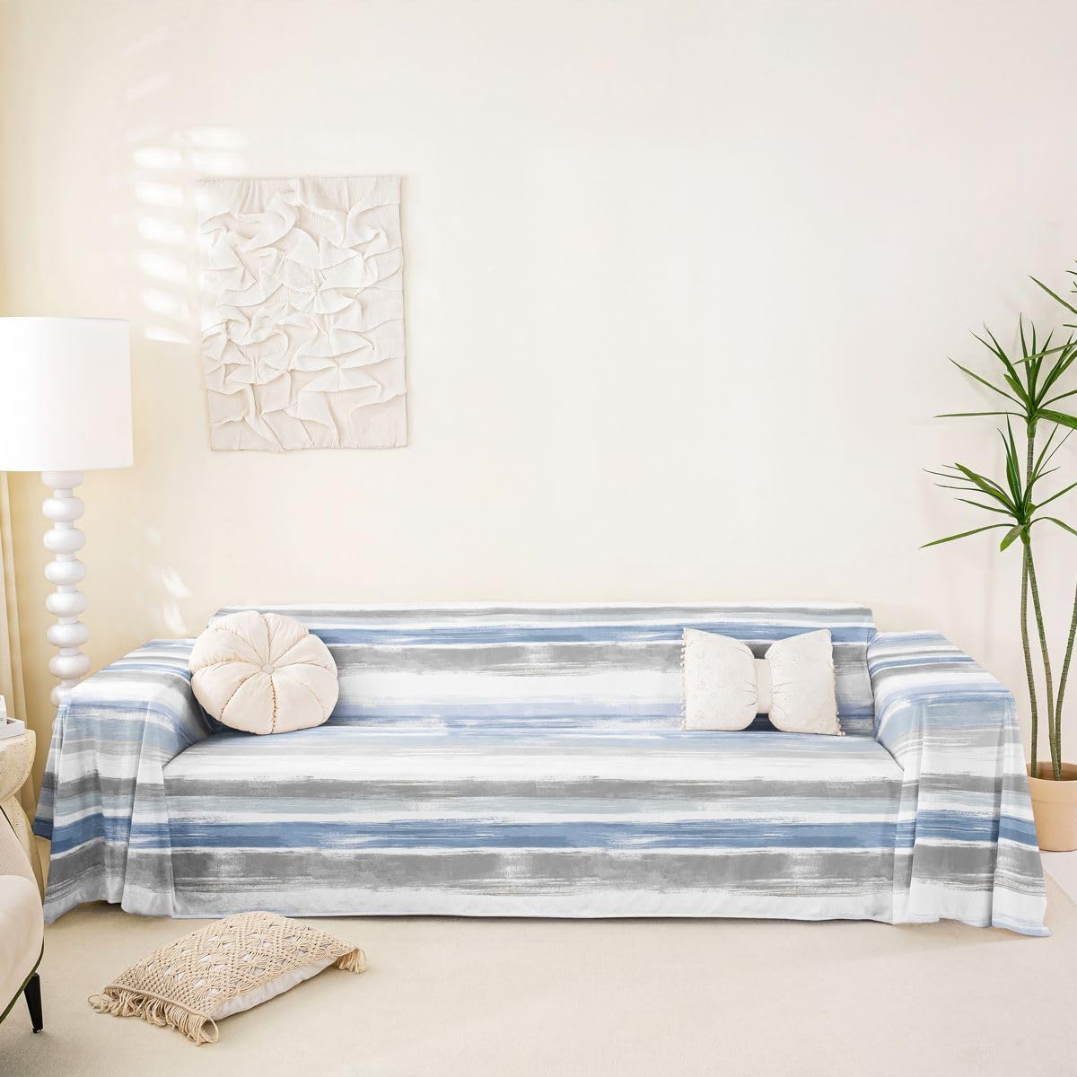 Homewish Funda de sofá abstracta a rayas azules de 180 x 340 cm