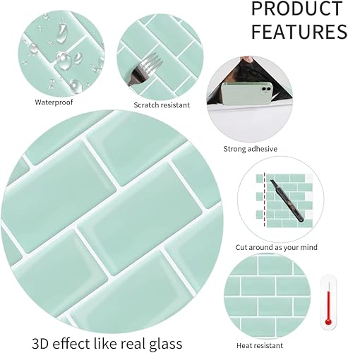 Miniatura 4 de Protector contra salpicaduras de cocina autoadhesivo, color verde, azulejos grandes de metro para cocina, calcomanías adhesivas prémium para