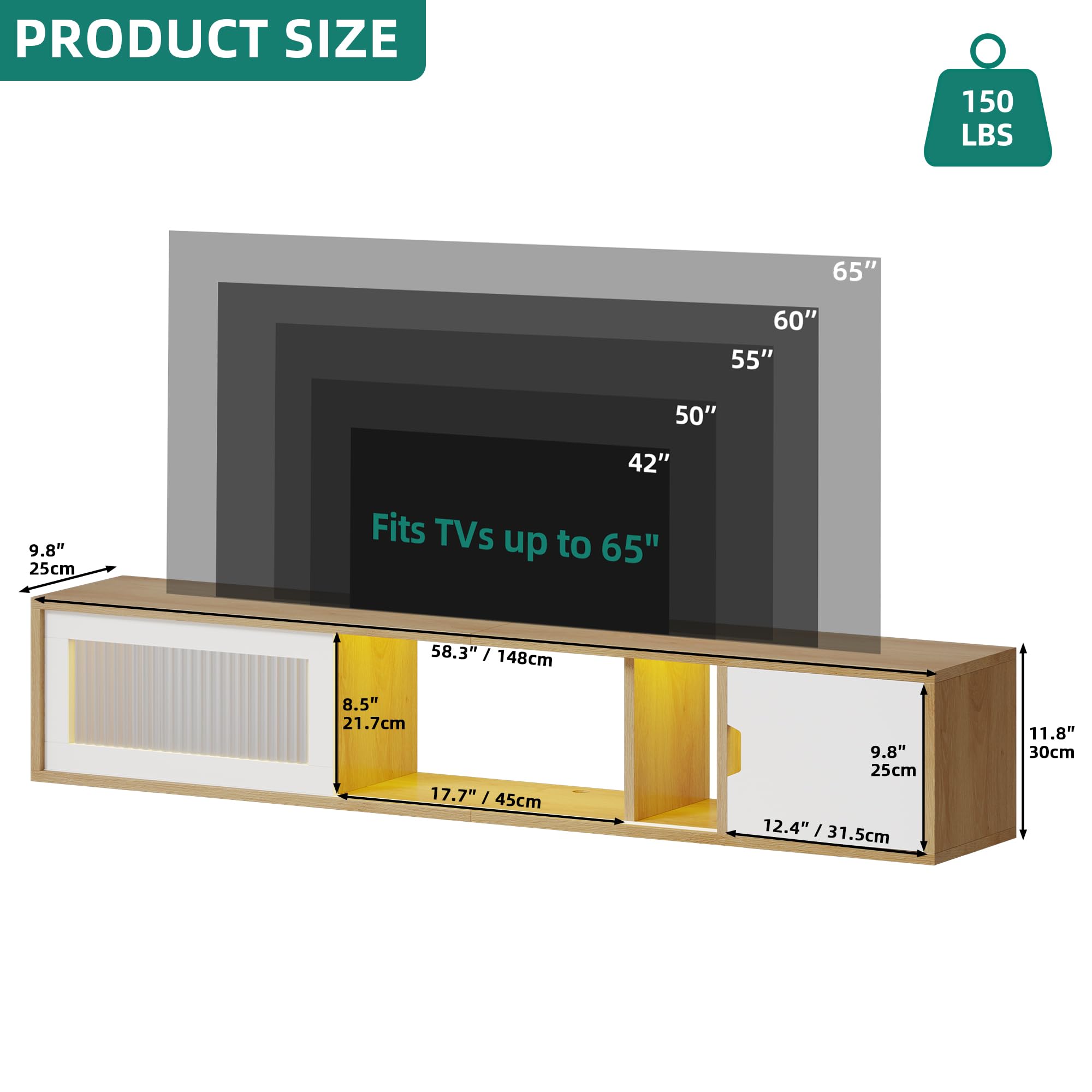 YITAHOME 148 cm Mueble TV Suspendido, Moderna Mueble de TV Flotante con Luz LED para televisores de hasta 65 Pulgadas con 22 Modos Luces Centro de Consola de Medios Entretenimiento con Puerta