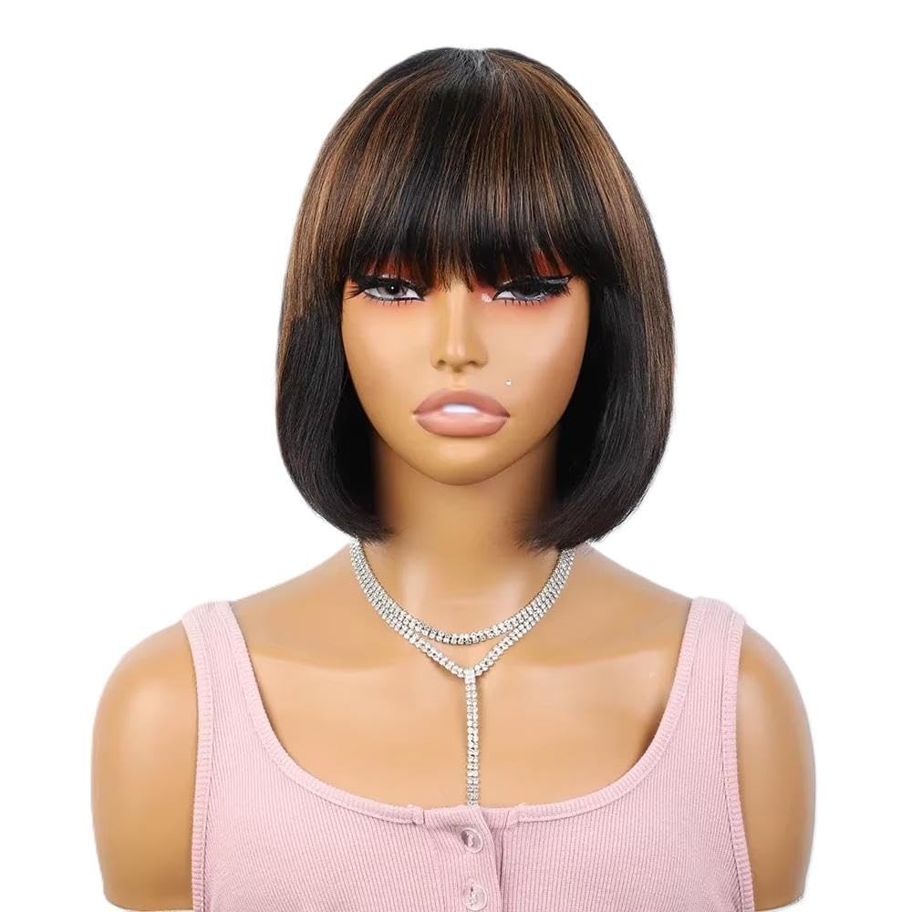 Haarpflege Braune Honigfarbene Kurze Glatte Echthaar Bob Perücke Mit Pony Vollständig Maschinell Hergestellt Ohne Kleber(1,8inches)