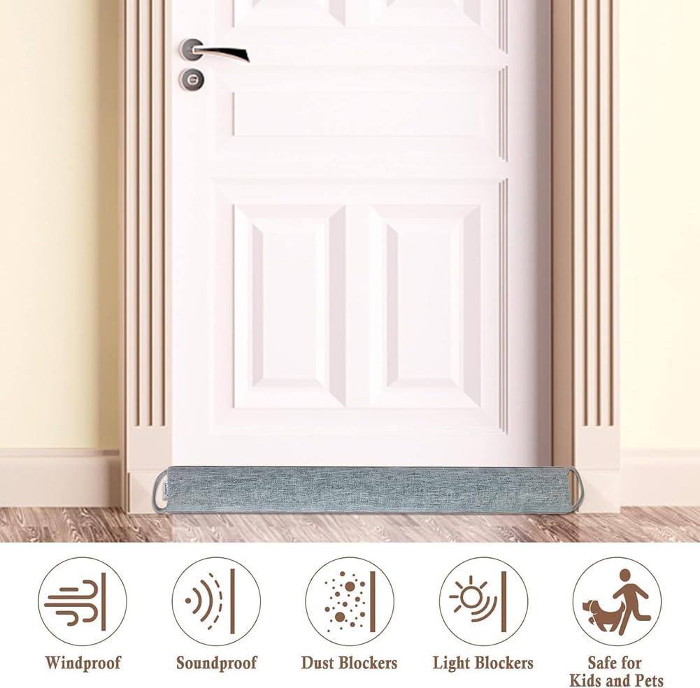 Heavy Underdoor Draught Excluder Cushion,Weighted French Air Door Draft Stopper Front Door Snake Noise Blocker for Bottom of Doors with Hanging Loops (Grey)