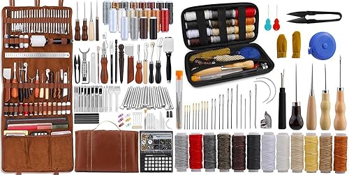 Miniatura 1 de TLKKUE Kit de herramientas de cuero, herramientas de artesanía de cuero, kit de trabajo de cuero con alfombrillas de corte de bolso personalizadas,