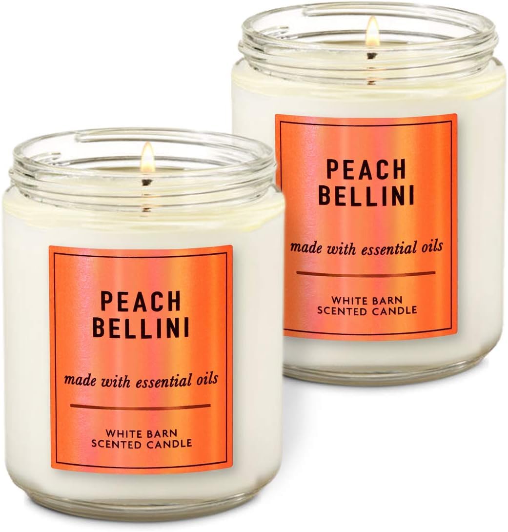White Barn - Bath & Body Works - Peach Bellini - Single Wick Scented Candle with Essential Oils 7 oz / 198 g Each Pack of 2