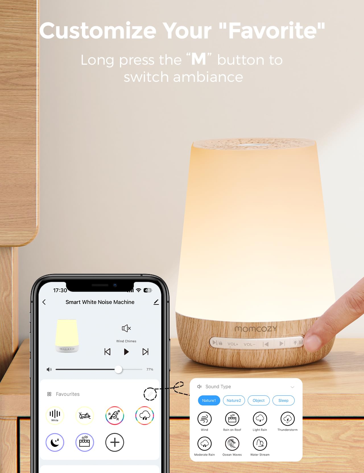 Momcozy Baby White Noise Sound Machine, App Control Sleep Soother | 34 spokojne audio, 7-kolorowa lampa, timer, niestandardowa rutyna na dobranoc, trener malucha i gra dotykowa, słoje drewna