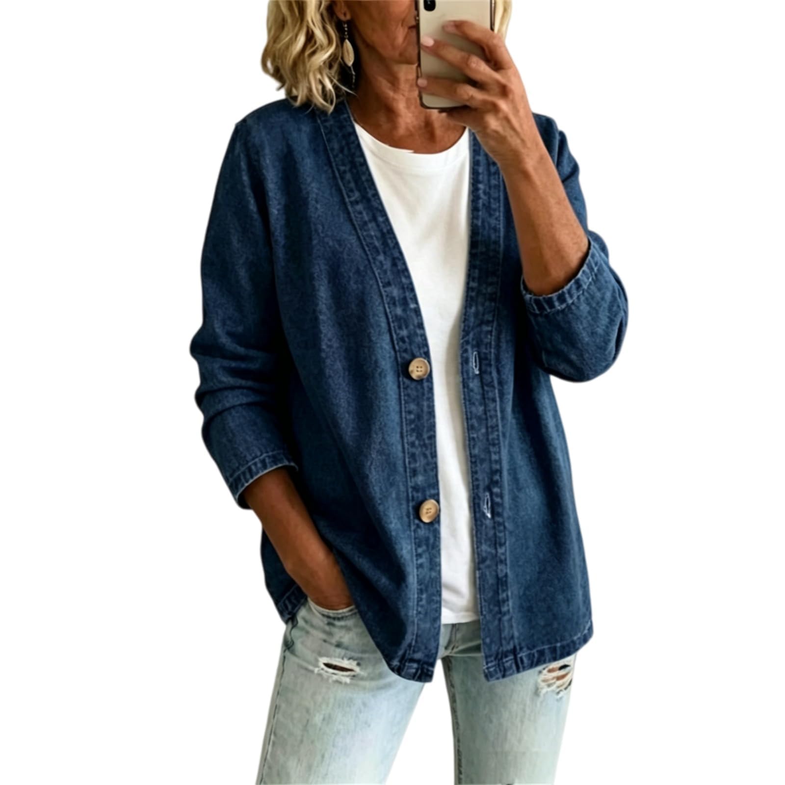 Generico Cardigan in Denim da Donna, Classico con Bottoni sul Davanti, Scollo a V, Traspirante, Comodo, Leggero, Casual, a Maniche Lunghe
