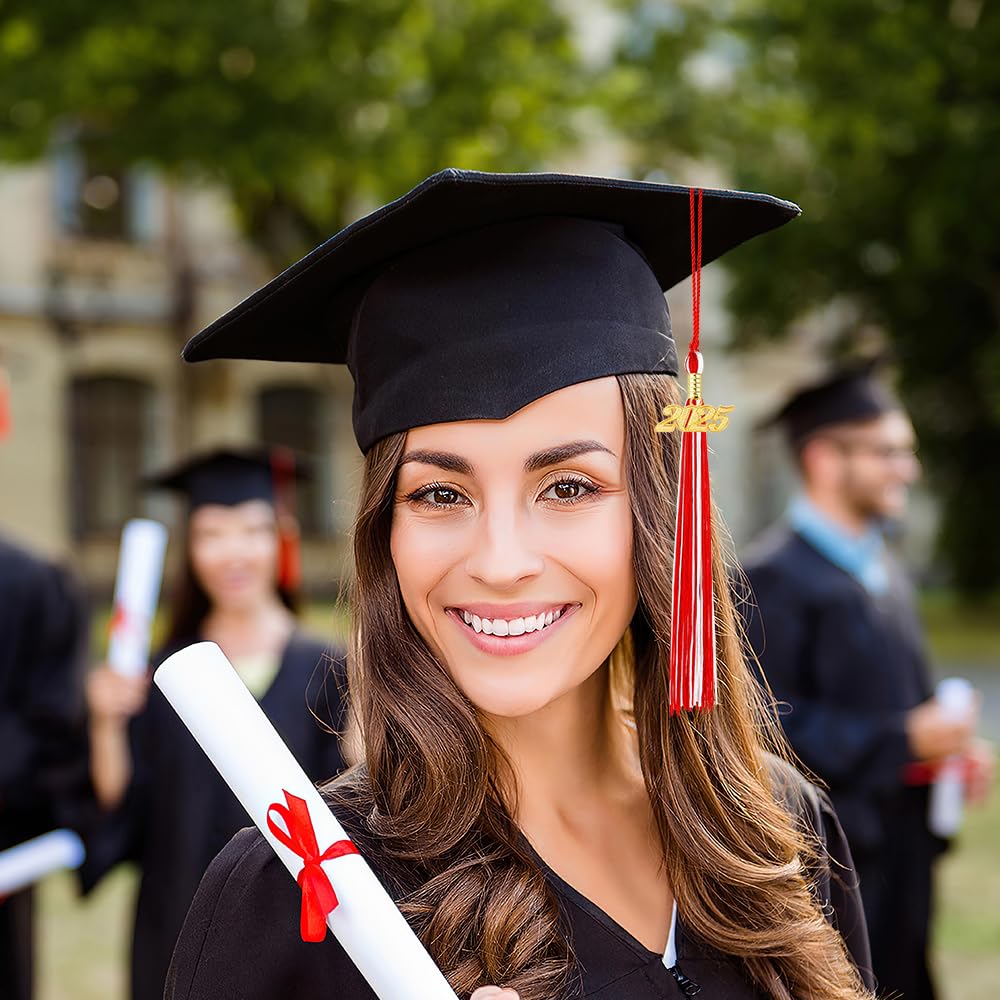2 Pompons De Remise De Diplôme Rouge 2025 - Avec Breloque Dorée, Pour Casquette De Graduation