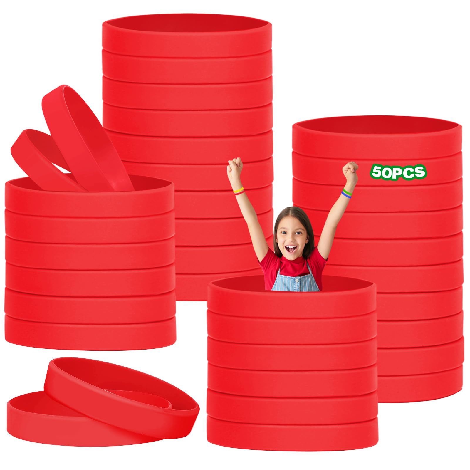 HONTIUS 50PCS Silicone Wristbands for Kids, Rubber Wristbands Blank Wrist Bands Universal Wristband Set Bulk for Teens Sport Suitable for 8-12 aged Red