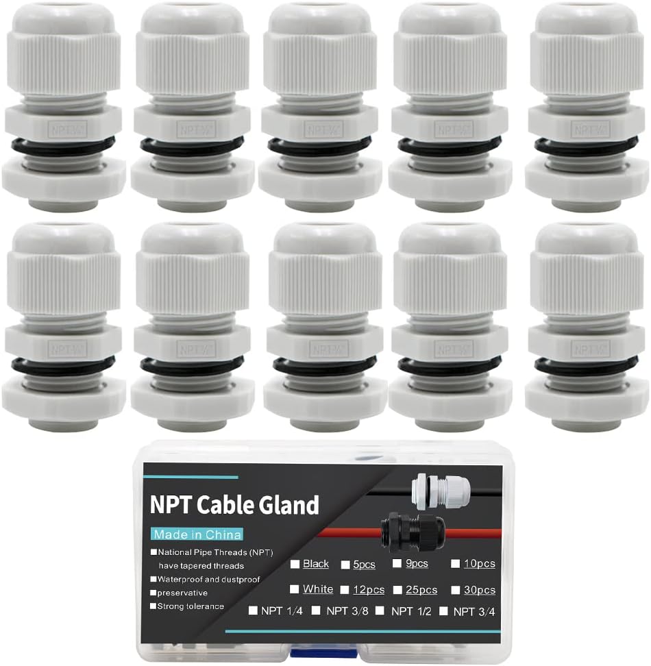 3/8 Cable Glands White PA66 Connector IP68 Waterproof Adjustable Cord Grip Strain Relief Connectors Protectors White 10PCS With Plastic Box