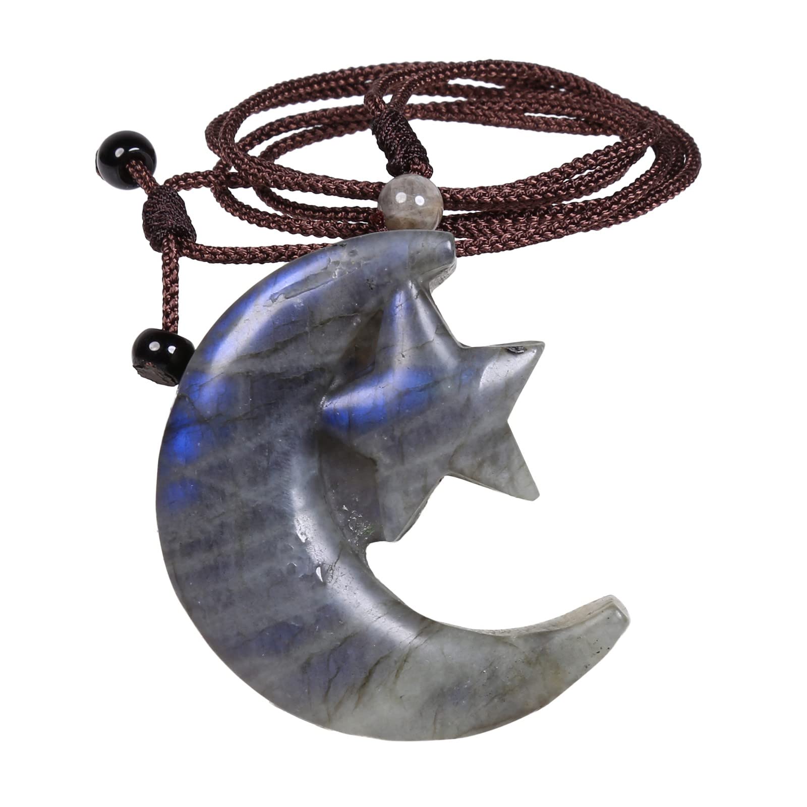 KYEYGWO Natural Labradorite Pendant Necklace with Adjustable Cord, Crystal Star Moon Necklace Gothic Jewellery Gifts for Men Women - Image 2
