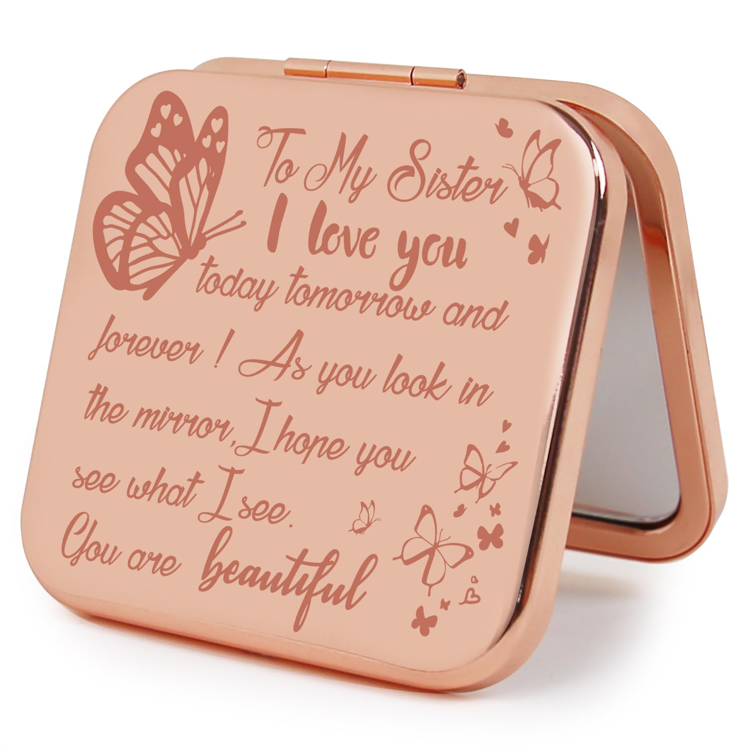 PDOZV Small Compact Mirror, Rosegold Square 2.8”×2.8” Metal Frame Smooth Style Double Sided Mini Magnifying 1X/2X Mirror for Purse Can be Used as