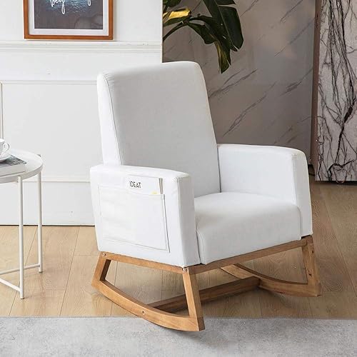 ONPNO Silla mecedora de tela con respaldo alto sillón mecedora para guardería sillón cómodo con bolsillo lateral para sala de estar dormitorio