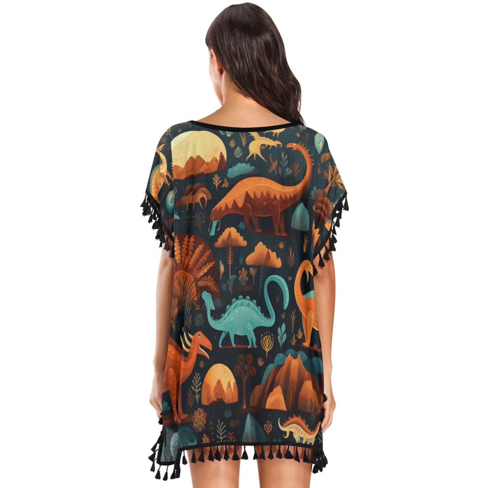 KAAVIYO Maroon Ancient Dinosaurs Women's Beach Cover Up Chiffon Tassel Swimwear Swimsuit Coverups for Girl