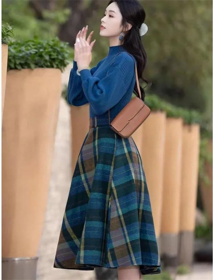 Women Retro Style Puff Sleeve Sweater Plaid Midi Skirts Sets Graceful Knit Tops High Waist Wool Skirt Outfit