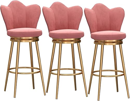 Juego de 4 taburetes giratorios de terciopelo rosa, modernos taburetes tapizados de altura de mostrador con respaldo para isla de cocina, sillas de