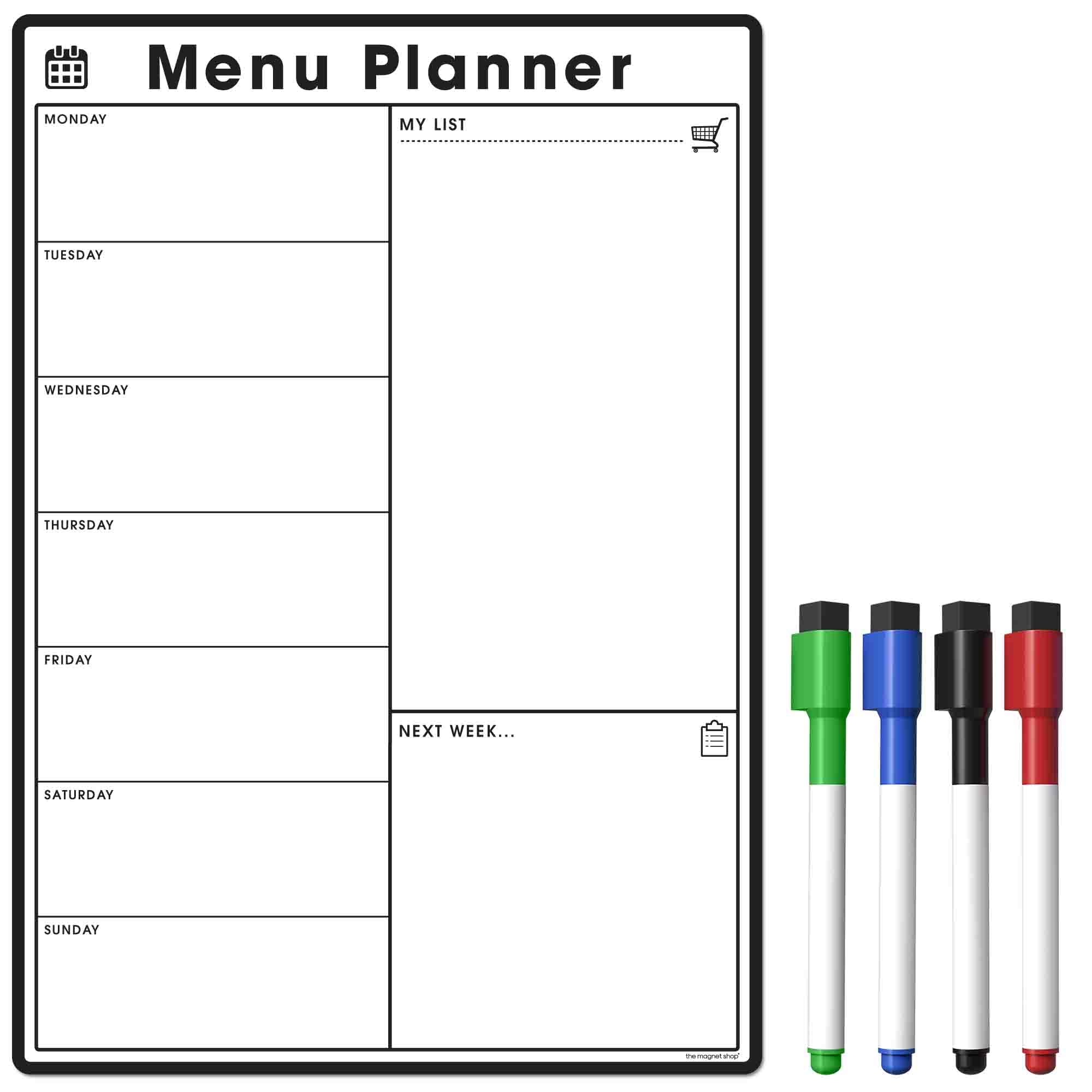 TMS A4 Weekly Meal Planner for Fridge | Magnetic Whiteboard Calendar and Shopping List | Use for Food Prep and Family Planning | Dry Wipe Memo Board for Kitchen | Made in The UK [30 x 21cm]