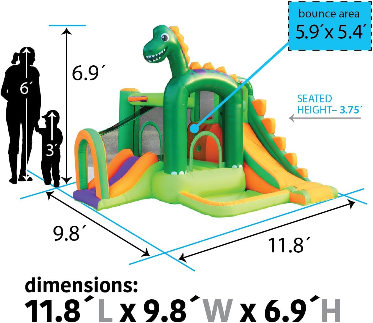 Backyard Kids Inflatable Bounce House with Slide, Bouncy Jump Castle, Indoor and Outdoor Jumping Bouncer, for Ages 3-10, Toddlers and Small Children, with Blower, 11.8' x 9.8' x 6.9', Dinosaur