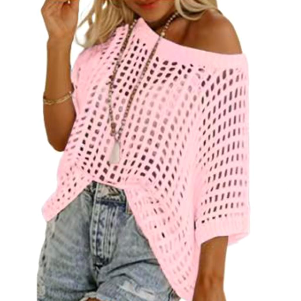 GMBYLBY Light Weight Crochet Beach Coverup Top For Women Hollowed Knit Swimsuit With Short Sleeve Swimwears