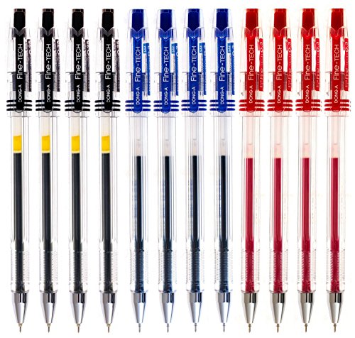 DONG-A Fine-Tech, BC30141 0.3mm, Gel Ink Roller Ball Pens, Black/Blue/Red (Pack of 12)