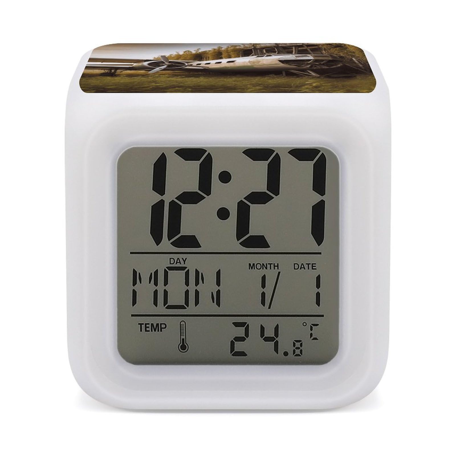 VstaDank Abandoned Plane Alarm Clock with 7 Color Changing Night Light Date Temp Display Wake Clocks LED Display Digital Clock Electric Desk Clocks for Living Office Bedroom Decor
