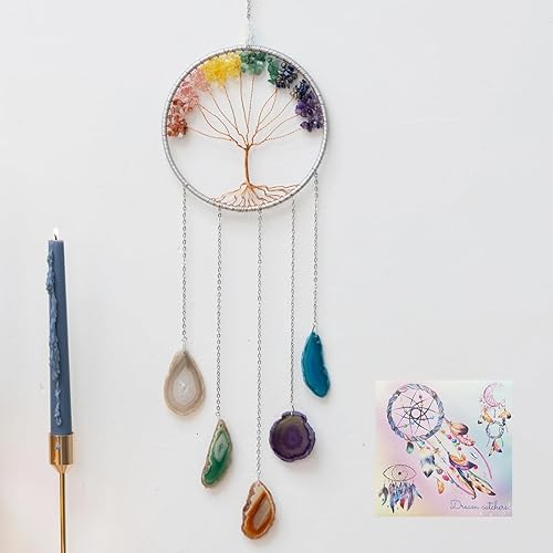 Gem Dream Catchers Agates 7 chakras piedras preciosas para colgar en la pared, árbol de la vida, adorno de meditación para el hogar, chakras,