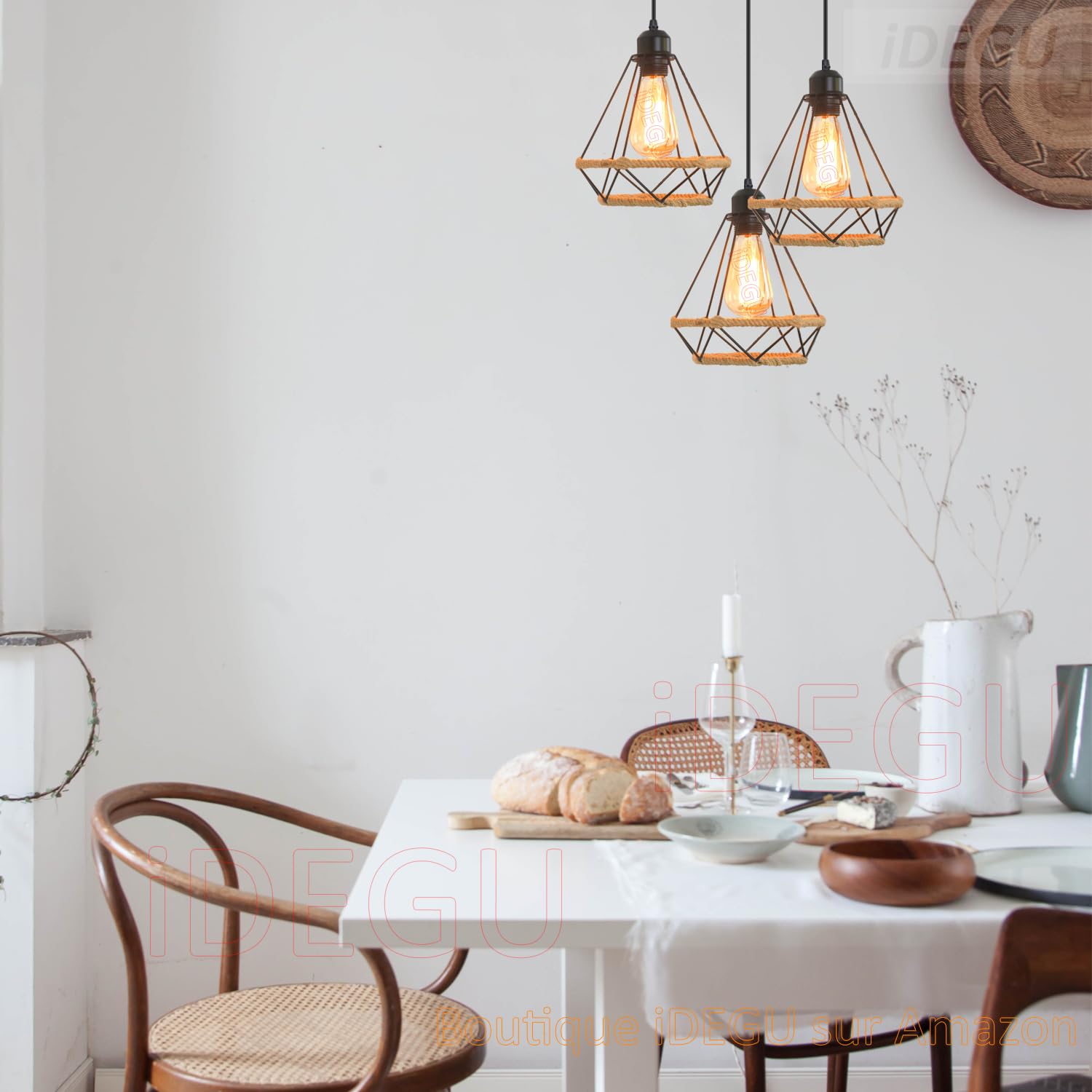 iDEGU 3 lampy przemysłowe lampa wisząca 20 cm żyrandol sufitowy vintage czarny lampa klosz metalowa klatka i lina konopna E27 oświetlenie sufitowe do jadalni, salonu, restauracji