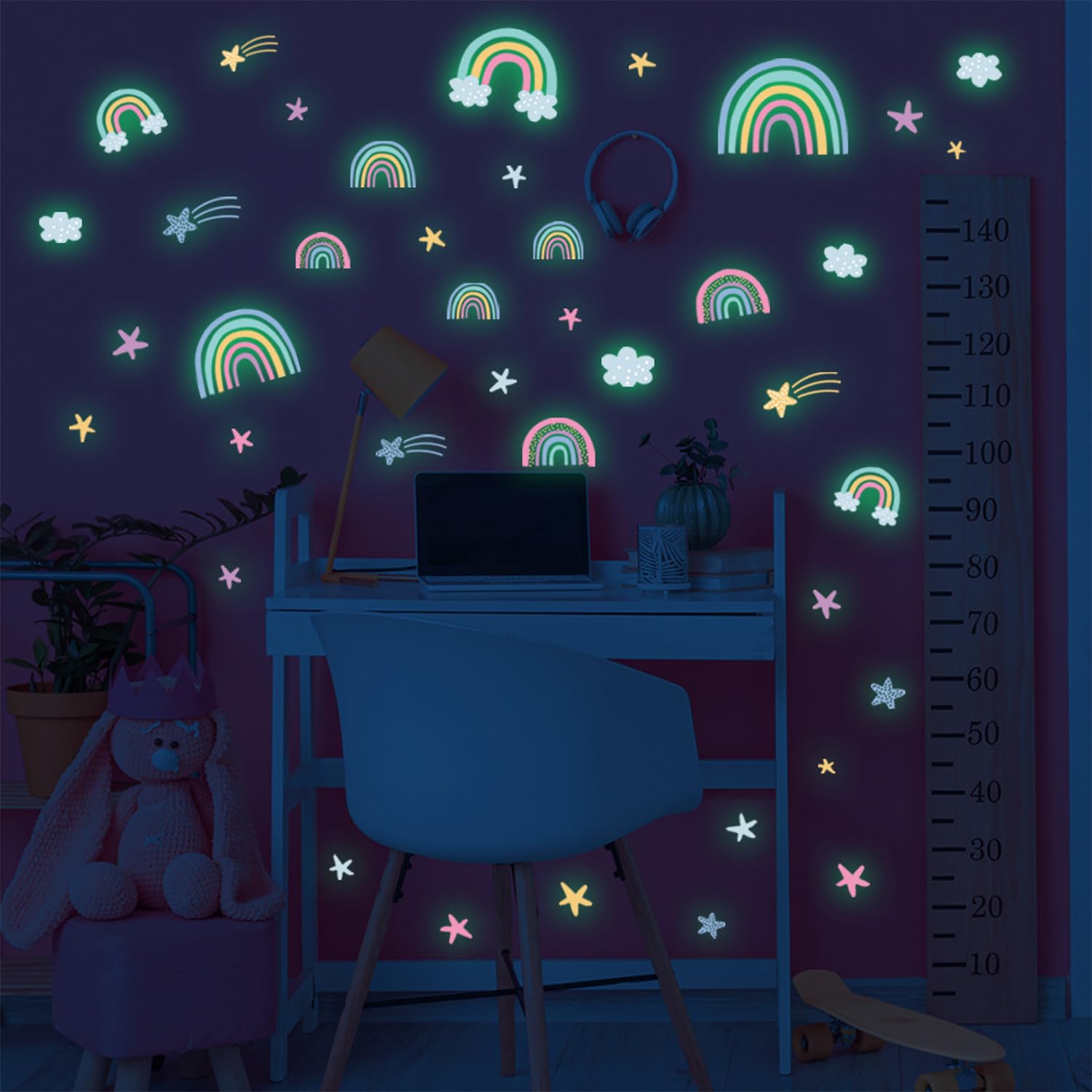 Pegatinas de Pared Arcoíris, Calcomanías de Vinilo para Pared Decorativas Dormitorio Infantiles, Arcoíris Pegatina Luminosas para Niños, Pegatinas de Pared que Brillan en la Oscuridad