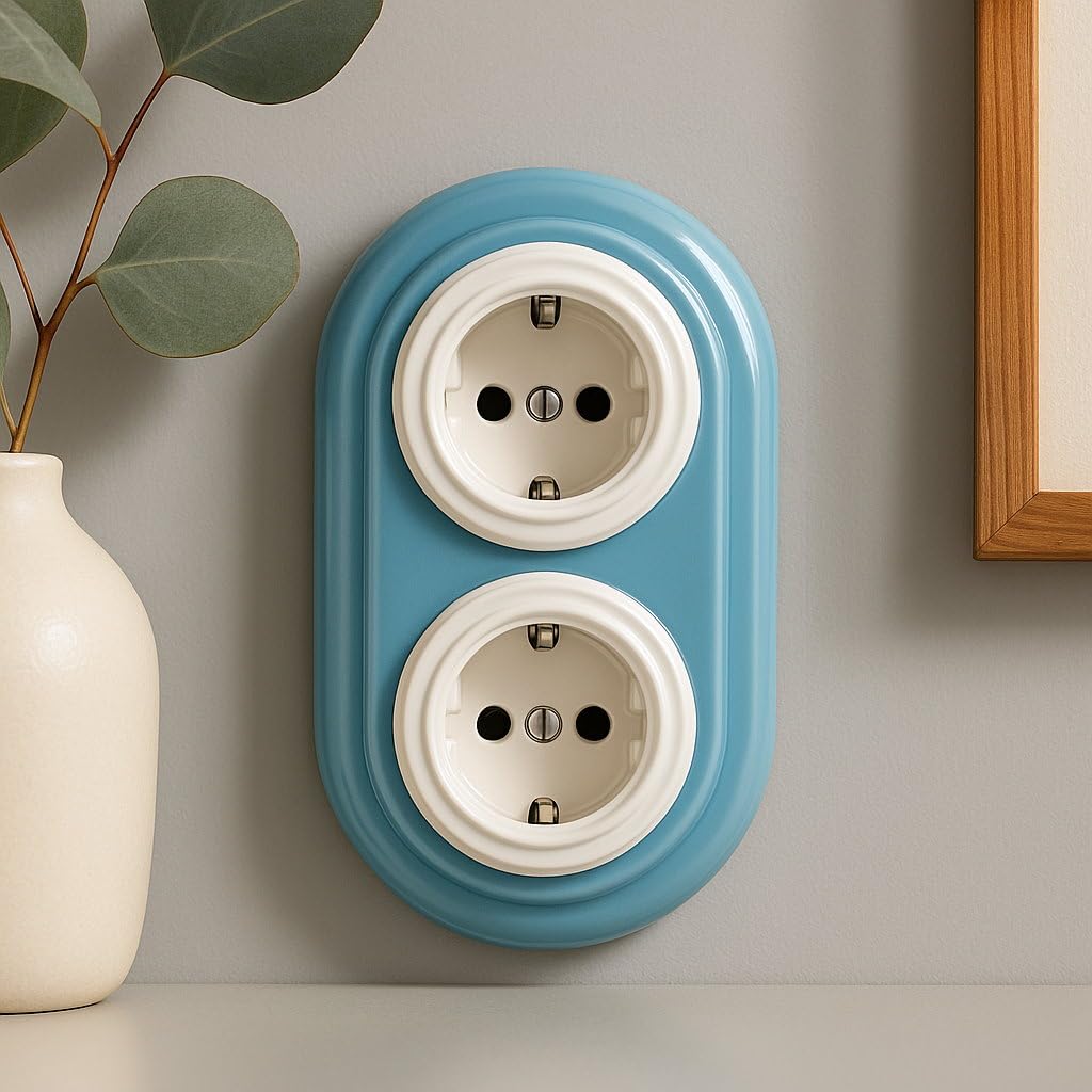 Unterputz Porzellan Retro Steckdose 2-fach, All-in-One, Serie PR1 blau