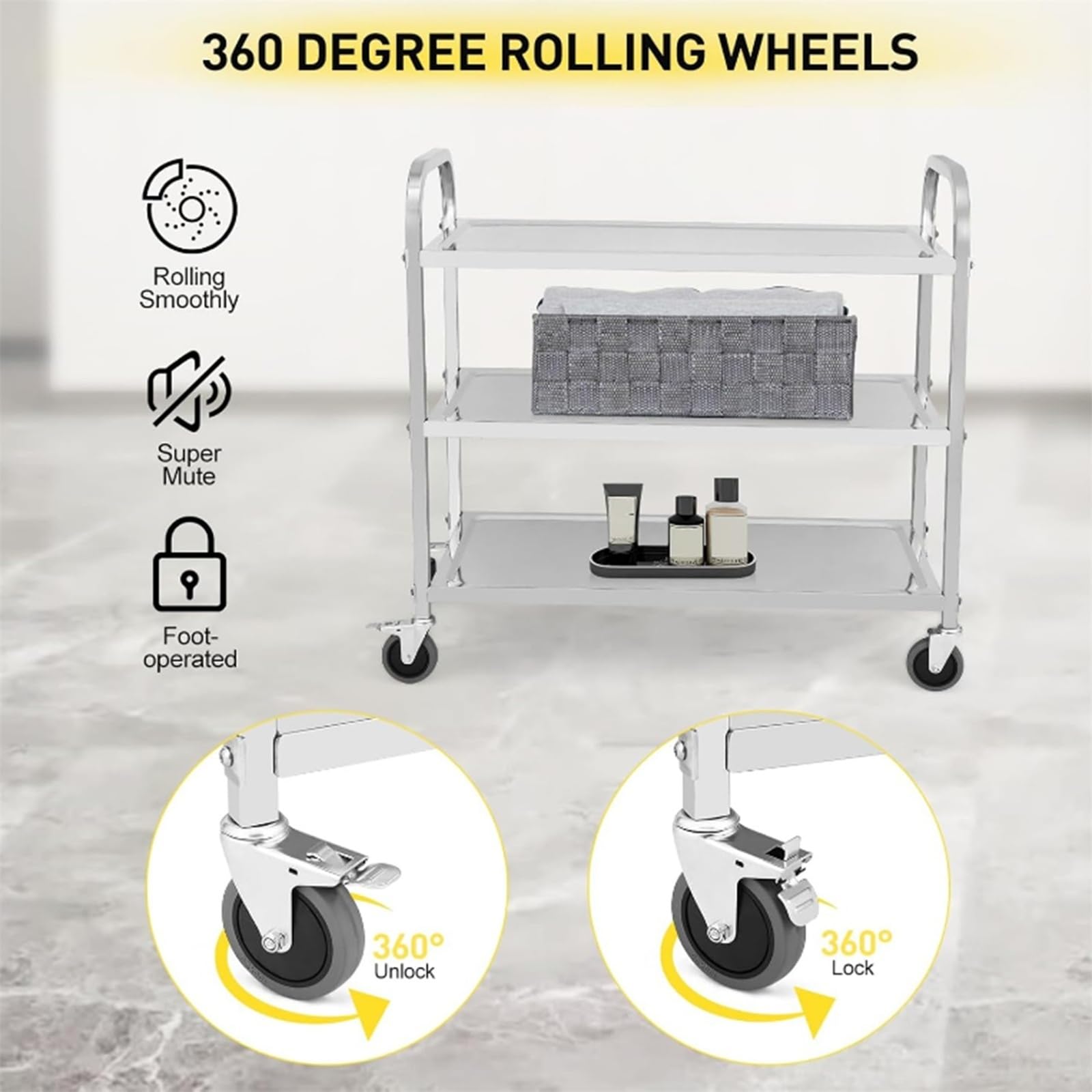 Carrello Portavivande Carrello di Servizio Carrello Cucina RCSW-3R (Acciaio Inox, 3 Ripiani, 150 Kg Portata Massima, 4 Ruote, Spessore Vassoio 3 Cm)(95x50x95cm)