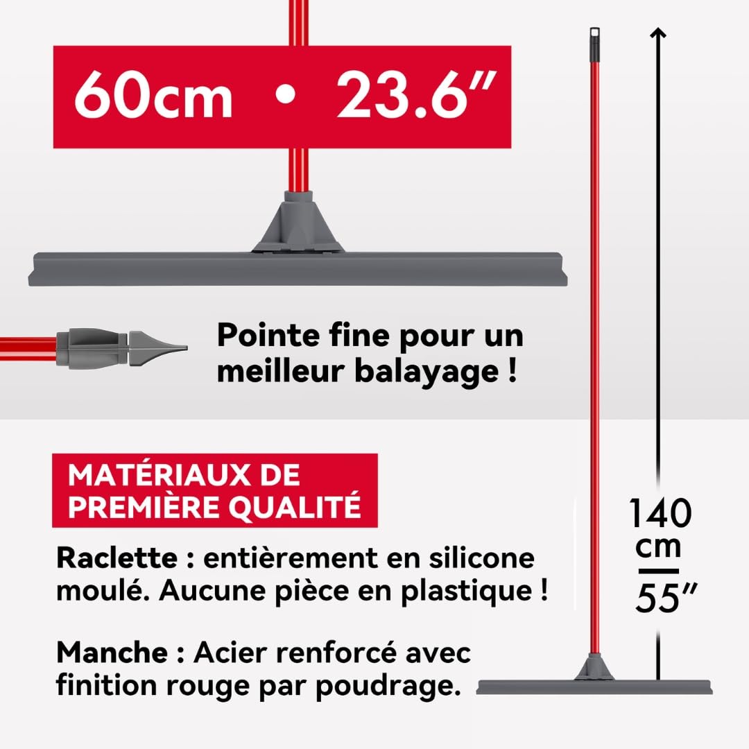 Tyroler Balai Raclette Sol Extérieur Terrasse | Tête de 60 cm 100% Silicone | 4 Parties de 140 cm de Long | Idéal pour Toutes Les Surfaces | Raclette Douche Sol | Raclettes Professionnelle