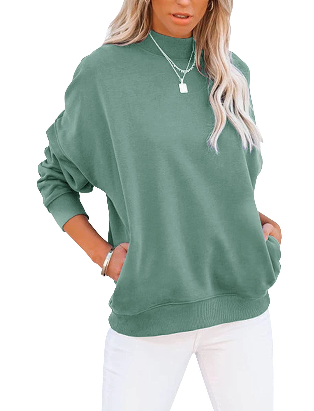 MinclouseWomen's Casual Long sleeves Sweatshirt Tops Basic Loose Fit Mock Turtleneck Lightweight Tunic Pullover With Pocket