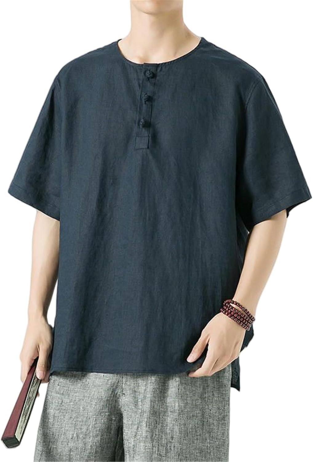 Men's Summer Chinese Style Tang Suit Linen Loose Fit Short Sleeve Shirt