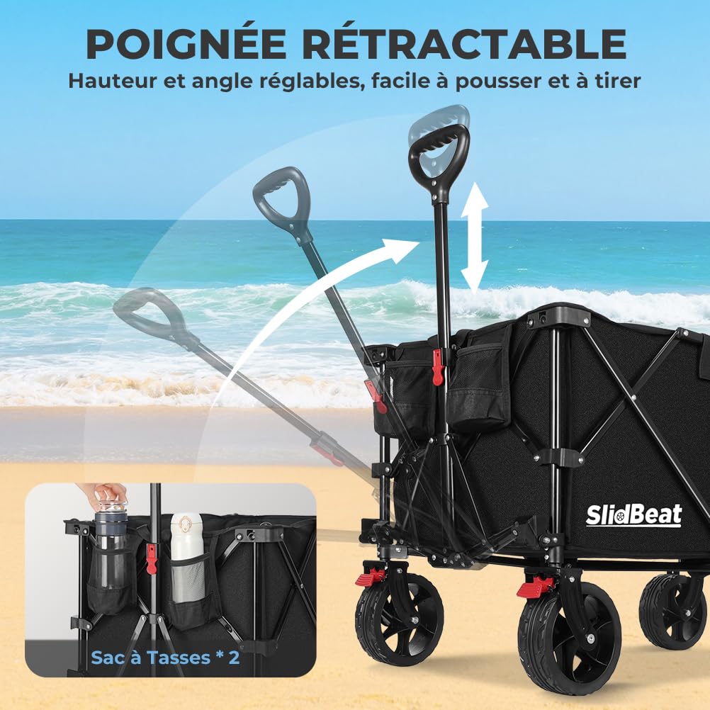 SLIDBEAT Chariot de Plage 220-330L, 200KG Chariot de Transport Pliable avec Roues Pivotantes à 360°, XXL Chariot de Jardin à Poignée à Rebond Automatique Tout Terrain avec Freins, pour Pêche Camping