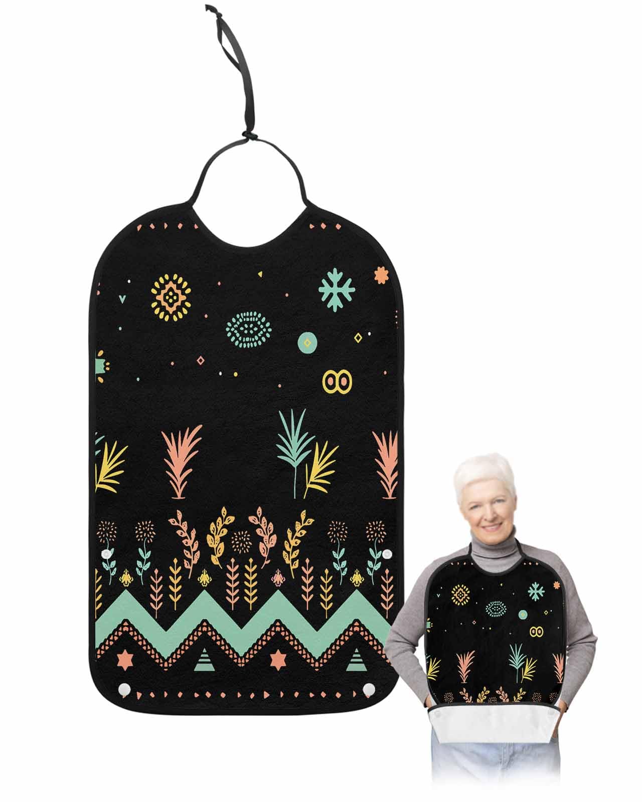 LEOKOTI Black Botanical Adult Bibs for Eating, Waterproof Bibs with Food Catcher & Adjustable Snap Closure, Summer Floral Ethnic Geometric Abstract Washable Clothing Protectors Adult Bibs for Elderly