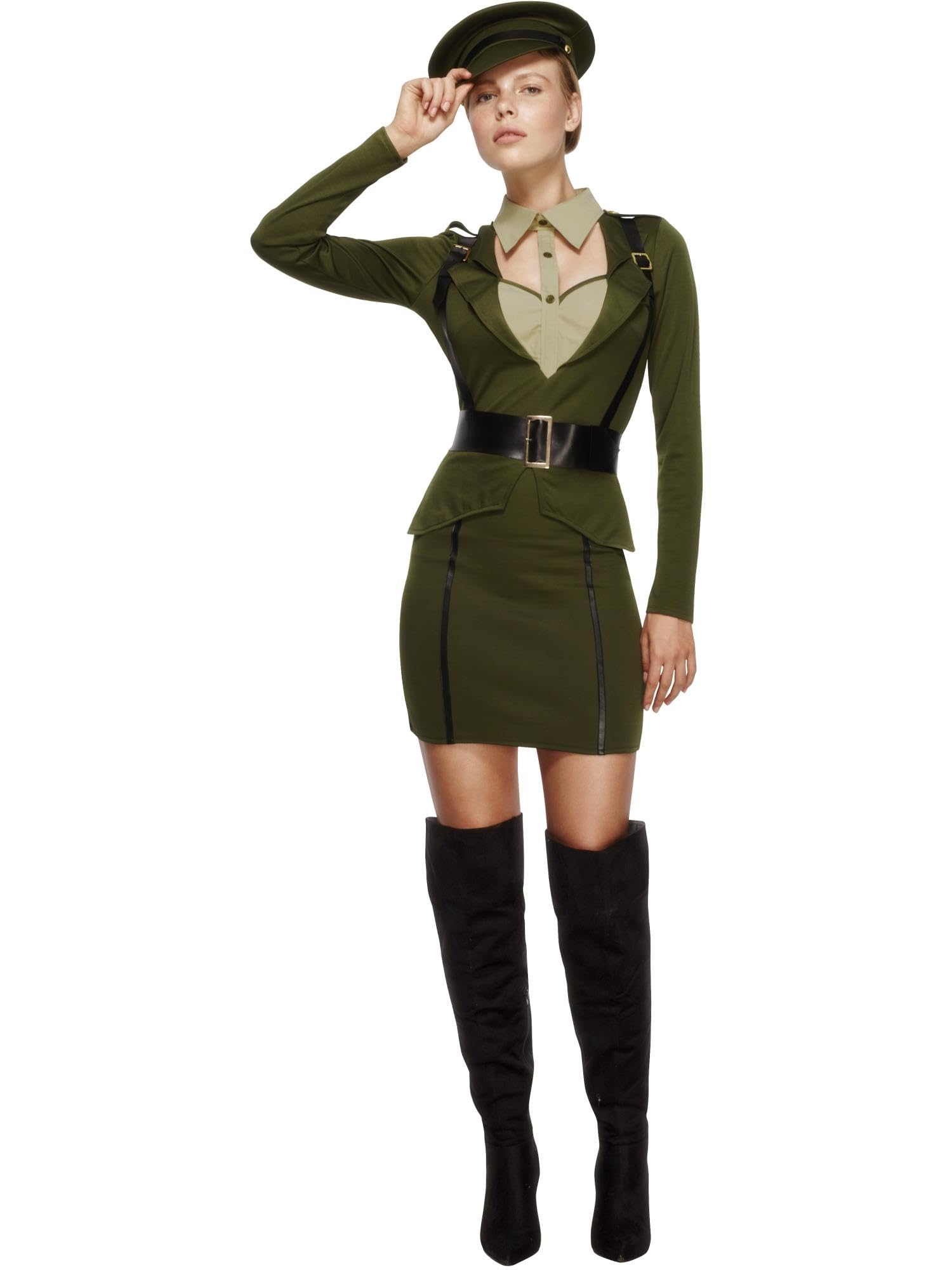 Smiffys Fever Captain Costume, Khaki with Dress, Body Harness and Hat,  Fever Fancy Dress, Army Dress Up Costumes