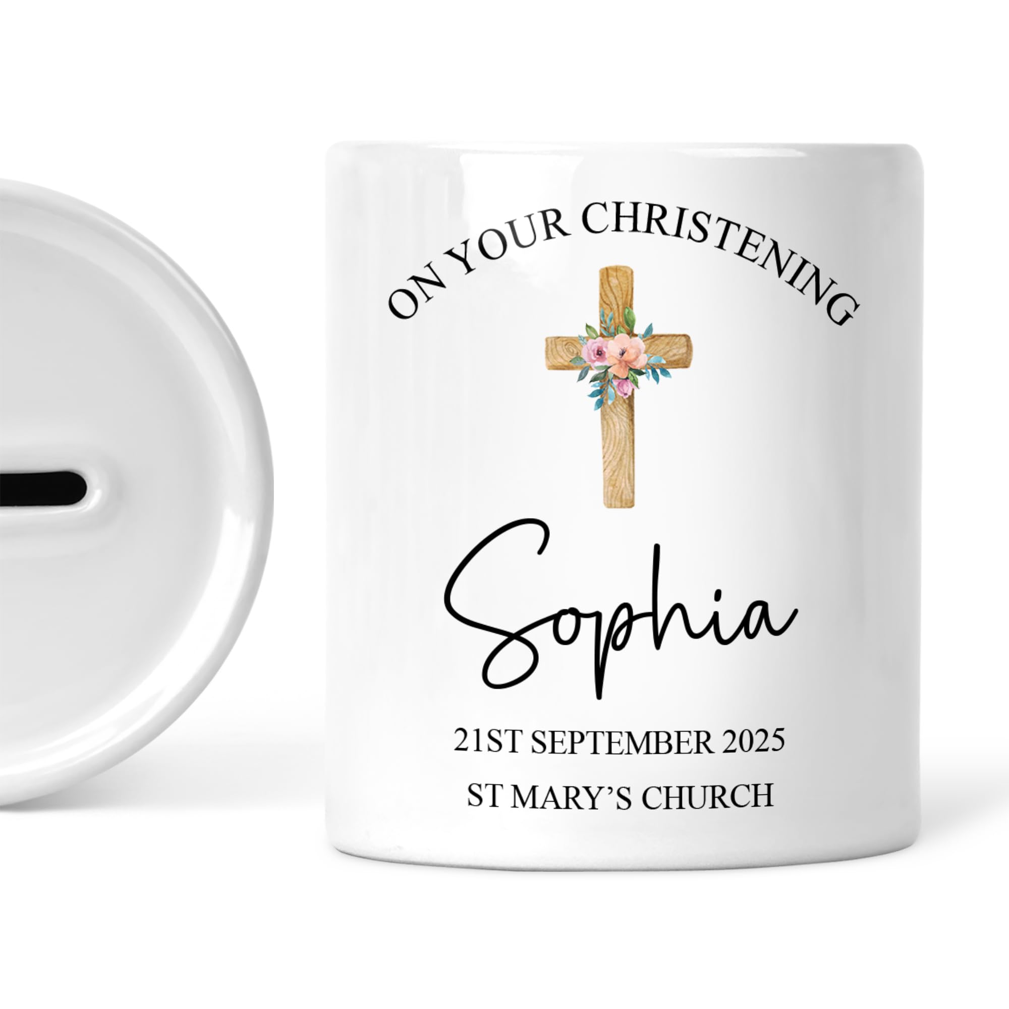 Personalised Christening Money Box with Name Date & Church - Ceramic Piggy Bank - Baptism Keepsake for Baby Boy or Girl