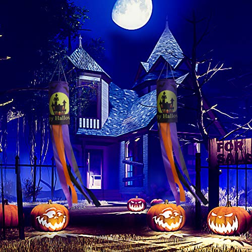 CHWARES 40 Inch Halloween Flag Windsock, Pumpkin Ghost Castle Halloween Windsock Flag Hanging Decoration Patio Lawn Garden Party(2, Puple) - Thumbnail 5