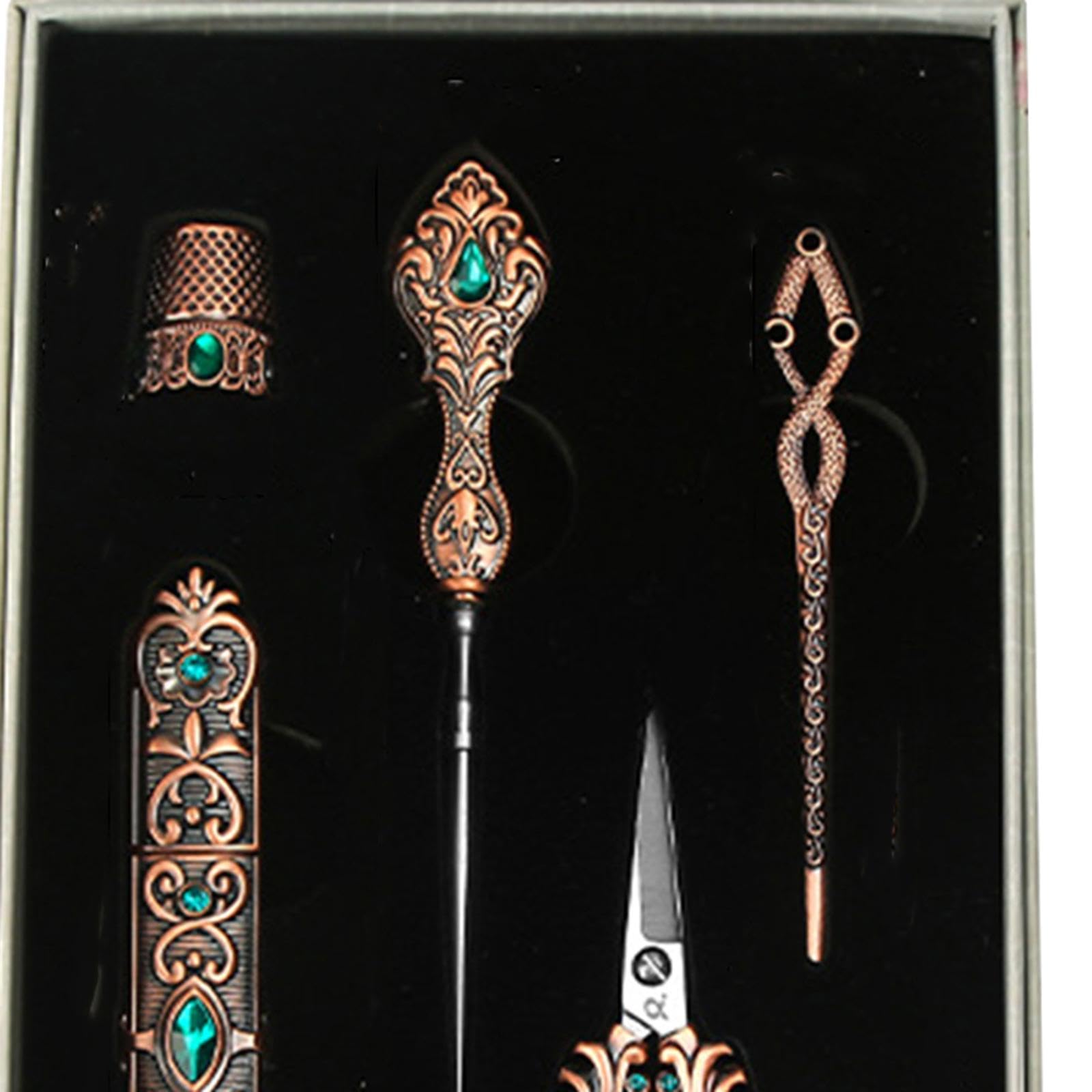 Stickerei Schere Set Nähset Stickwerkzeug Pin Nadelröhrchen Fingerhut Ergonomisch Benutzerfreundlich Klassischer Stil für Heimwerken Basteln Geschenk, Rotbronze