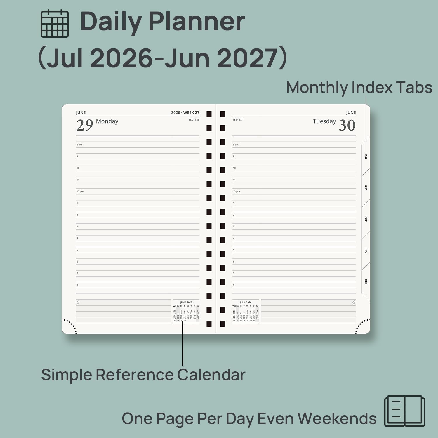POPRUN Agenda giornaliera 2026-2027, una pagina per giorno, 14,6 x 21,6 cm, calendario accademico giornaliero con calendario da luglio 2026 a giugno 2027, copertina rigida con fessure orarie
